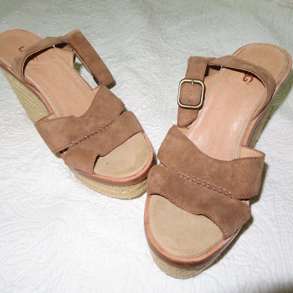 UGG Women's Carine Leather Suede Platform Heeled Sandals Chestnut Size 9 US